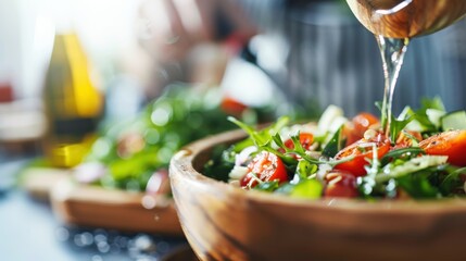 A vibrant salad bowl filled with fresh vegetables, showcasing a drizzle of olive oil, embodying health and freshness with a focus on colorful ingredients and presentation.