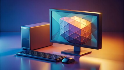 Low-poly Desktop Computer Displaying Abstract Geometry