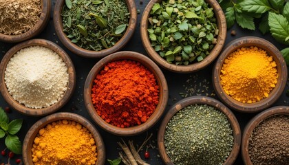 Fototapeta premium Overhead shot of assorted colorful spices in wooden bowls on a dark surface