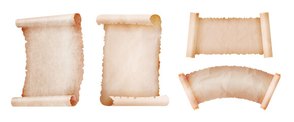 Parchment scroll templates. Ancient paper scrolls, old manuscript rolls and vintage document banners with rolled edges. Aged textured sheet with burnt edges, classic diploma borders mockup vector set.