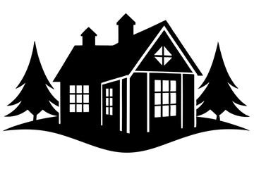 Silhouette Vector Art Illustration of Cozy Cottage in Pine Trees