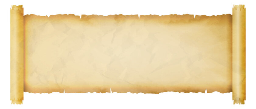 Ancient scroll. Textured parchment scroll with torn edges, crumpled aged paper for historical documents, diplomas or announcements designs. vector background illustration.