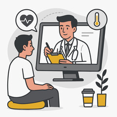 Flat-style vector illustration of a male doctor consulting online with a young man using a computer monitor , symbolizing telemedicine, healthcare apps, and digital medical assistance