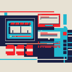 Pixel art game interface with health bar and 8-bit retro futurism typography, vector image