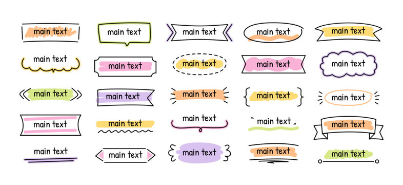 Doodle title box. Hand drawn text label frames, decorative highlighted banners and sketch style tag boxes. Ribbon, rectangle, oval framed and underlined text vector template set.