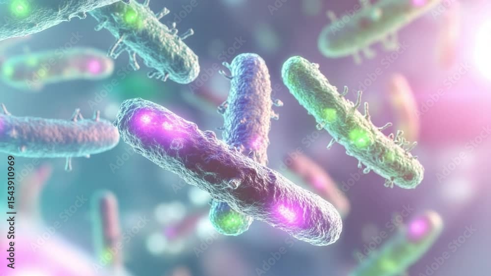 Poster microscopic world: vibrant and detailed image of bacteria cells, showcasing the complex structures a