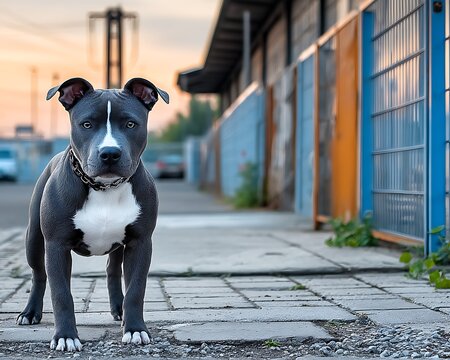 Dog in urban alleyway at sunset