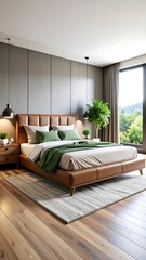 Modern bedroom with green accents, and view.