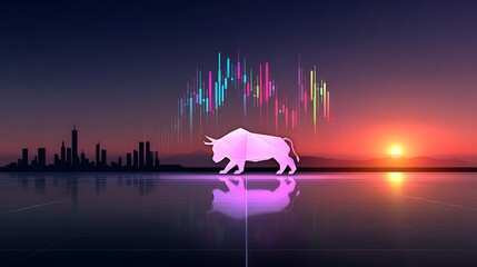 Bull market at sunset over city