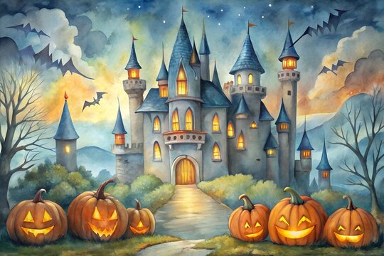 Castle With Jack O Lantern Towers Watercolor