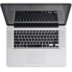 A top-down view of an open laptop showcasing the keyboard and screen.