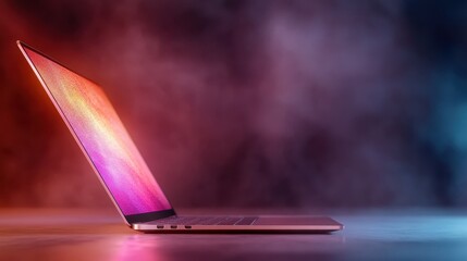 This stylish image presents a sleek laptop positioned on a desk, surrounded by colorful smoke, representing innovation, creativity, and modern technology in a vibrant atmosphere.