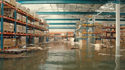 A flooded warehouse after heavy rain with boxes and pallets on the floor. - Powered by Adobe