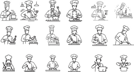 chefs cooking icons set line art vector