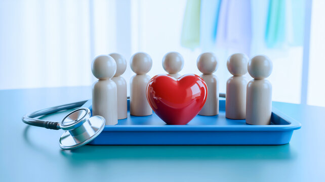 A medical-themed composition featuring white wooden peg doll figures arranged around a bright red heart-shaped object on a blue plastic tray