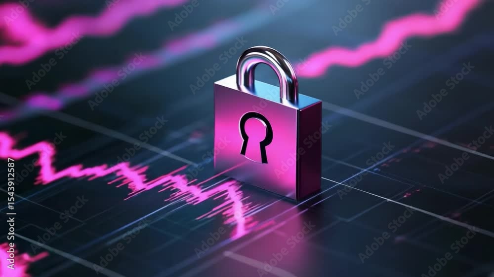 Poster Security in Digital Realm: A striking visual of a secure padlock overlaid on a graph, symbolizing robust security measures and protection against data breaches and cyber threats.