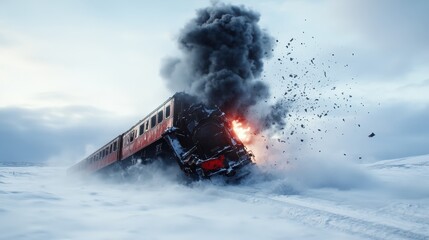 A vintage train in an explosive disaster in a snow-covered landscape, highlighting themes of chaos, nature, and the stark contrast between human engineering and winter elements.