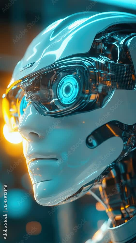Poster a close-up shot of a robot's head with glowing eyes, great for sci-fi and futuristic themed projects