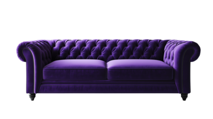 A high-end royal purple sofa with deep tufting and plush cushions. Perfect for design mockups. Isolated on a transparent background. Generative AI