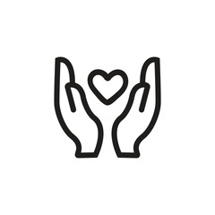Black isolated outline icon of heart in hands on white background. Line icon of heart and hands. Symbol of care, love, charity.