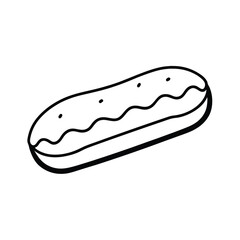 Chocolate eclair with glossy glaze presented in refined clean line drawing Vector illustration