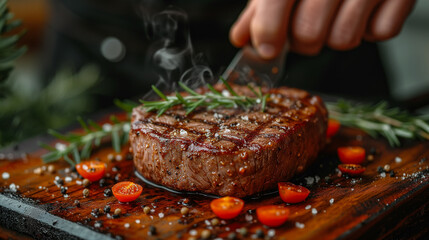 Juicy, bright beef steak cooked by professional chefs with a beautiful presentation
