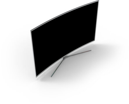 A sleek, modern curved television with a minimalist design, showcasing a black screen.