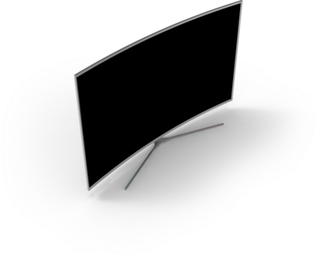 A sleek, modern curved television with a minimalist design, showcasing a black screen.