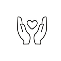 Black isolated outline icon of heart in hands on white background. Line icon of heart and hands. Symbol of care, love, charity.