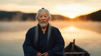 A wise elderly man sits calmly on a boat at sunset, embodying tranquility and profound wisdom as the sun sets behind the serene mountains and water.