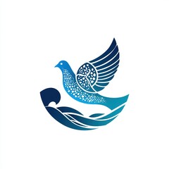 Obraz premium Modern gradient logo of a stylized dove in flight with wave and land motifs and a symbolic tree of life pattern within its wing