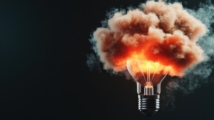 An artistic depiction of a light bulb bursting into flames, surrounded by a dramatic cloud of smoke, symbolizes innovation, creativity, and the explosive nature of ideas.