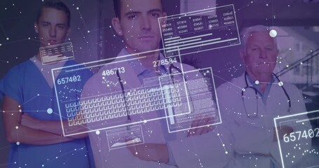 Medical team standing in hospital, glowing network appearing then panels updating and dissolving - Powered by Adobe