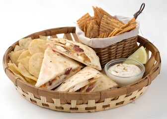 Obraz premium Rustic basket filled with chicken bacon ranch quesadilla slices