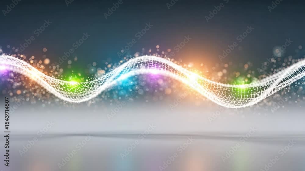 Poster data symphony: an abstract composition of interconnected particles in a flowing line, exhibiting an 