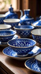Blue Porcelain Bowls with Table Setting.