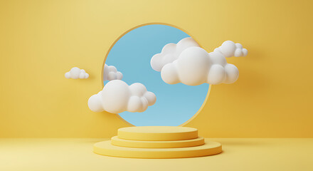 Pastel yellow studio background with clouds and podium