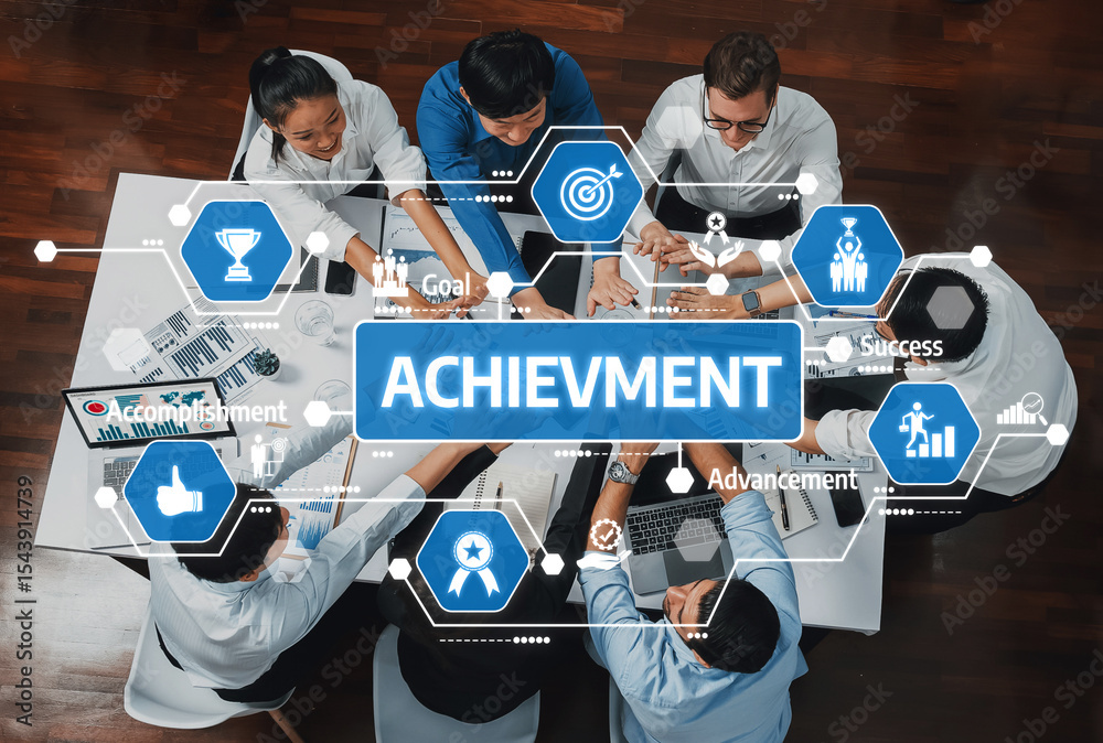Poster an overhead view of a diverse team engaged in a collaborative meeting, surrounded by icons represent