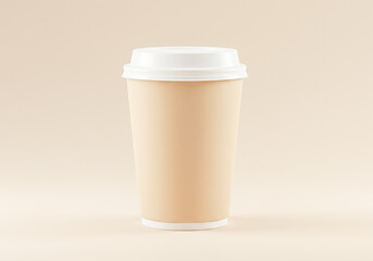 Beige disposable coffee cup with white lid