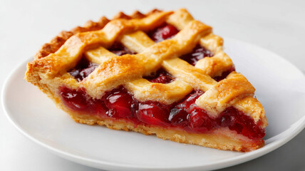 Cherry pie slice with golden lattice crust on white plate, delicious dessert with sweet red fruit filling