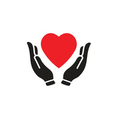 Obraz premium Black isolated outline icon of heart in hands on white background. Line icon of heart and hands. Symbol of care, love, charity.