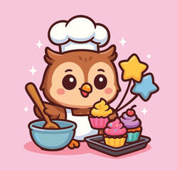 Cute owl wearing chef hat partying cartoon vector icon illustration animal celebration icon