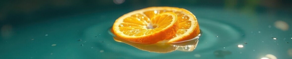 A spiral curl of orange peel floating in a pool of calm water with a subtle reflection, reflection, peel, pool