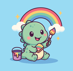 Cute dinosaur painting rainbow cartoon vector icon illustration animal art icon isolated flat