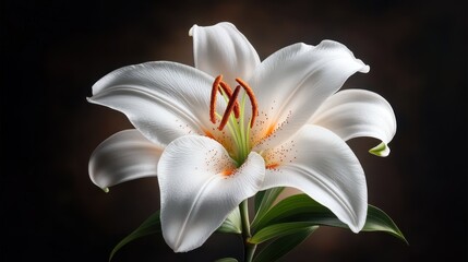 Obraz premium A breathtaking white lily flower in full bloom, illuminated against a dark background, highlighting its elegance and natural beauty, symbolizing purity and tranquility.