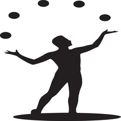 Silhouette of a man juggling multiple balls against a white background in a simple graphic style