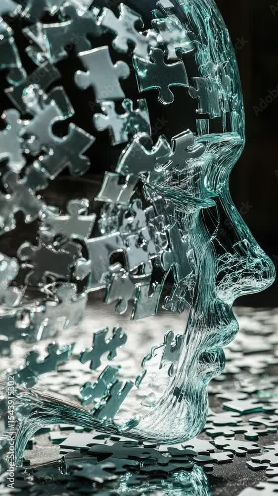 Poster A detailed sculpture of a human head made from interlocking puzzle pieces, great for art and design concepts or as a symbol of problem-solving