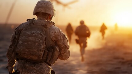 A soldier walking towards the sunset, symbolizing bravery, sacrifice, and the rugged resilience of military life amidst challenging conditions on the battlefield.