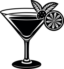 Cocktail Glass With Fruit Garnish Vector Silhouette On White Background