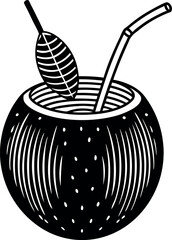 Coconut Cocktail With Straw And Cherry Vector Silhouette On White Background